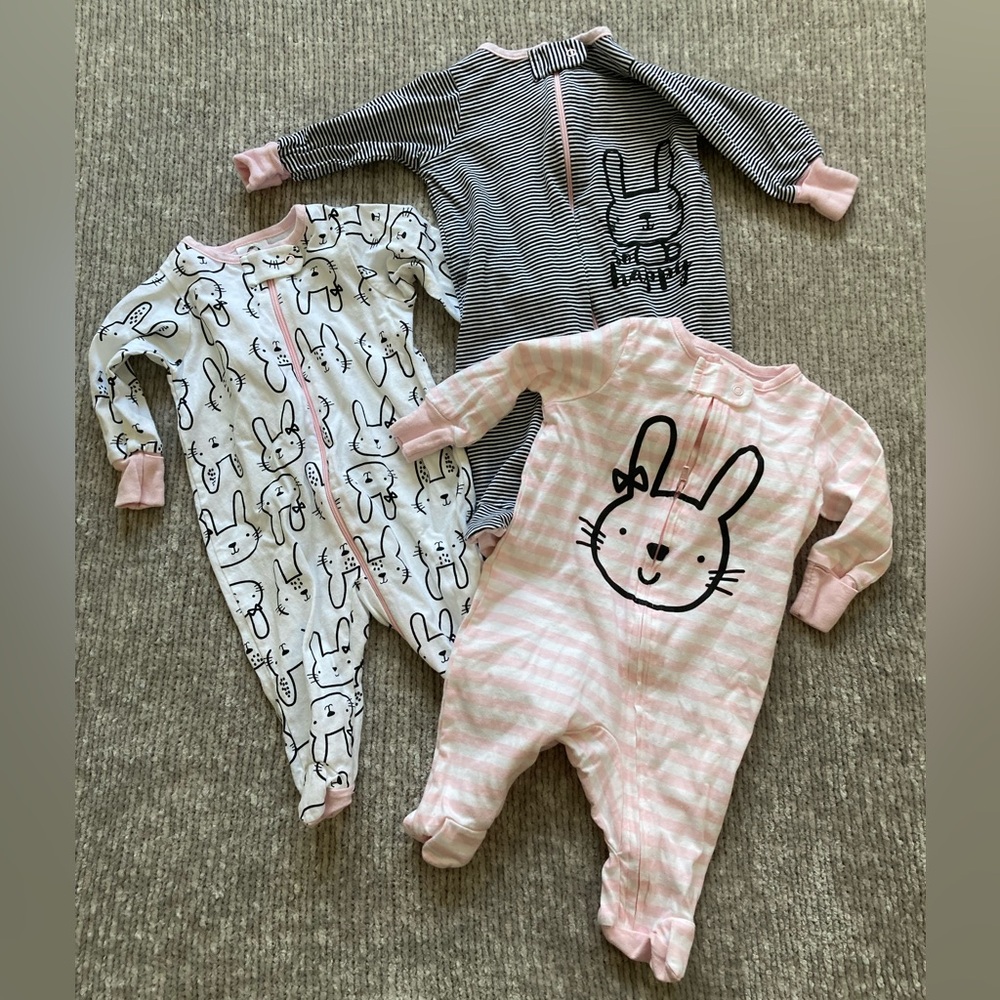 Gerber Bunny Footie‎ Pajama Lot Newborn Spring Cotton Stripes Soft Sleeper